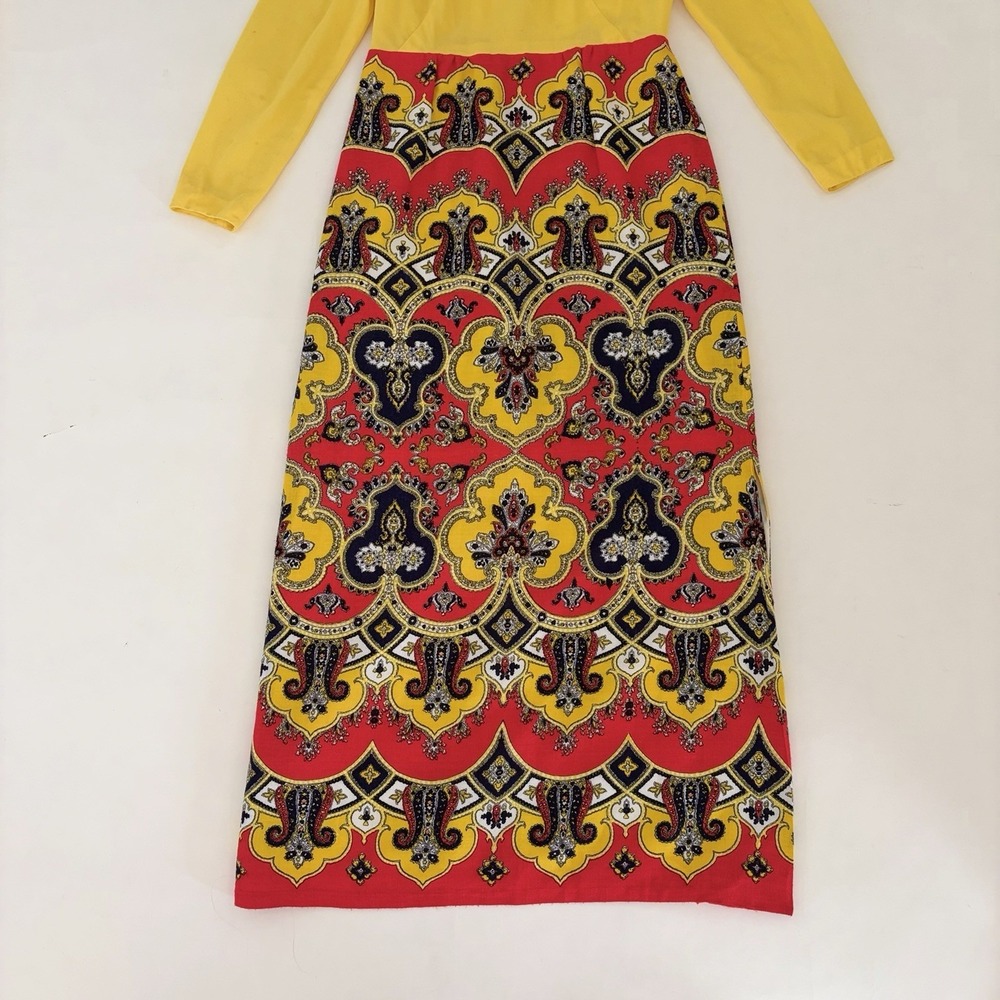 VTG 70s Yellow Womens Dress M Groovy Psychedelic Paisley Red Navy Heritage 60s - Picture 4 of 14